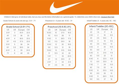 td nike size chart